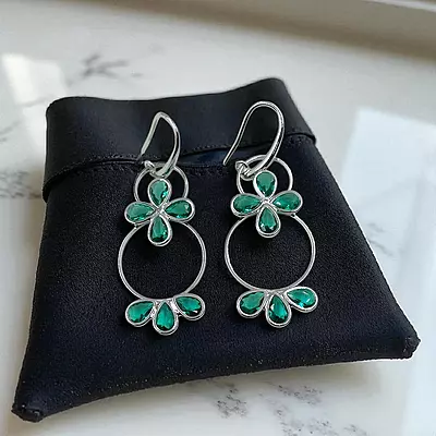 Emerald Green Floral Hoop Earrings - Silver-Toned Statement Dangle Earrings