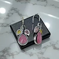 Pink Stone German Silver Dangle Drop Earrings