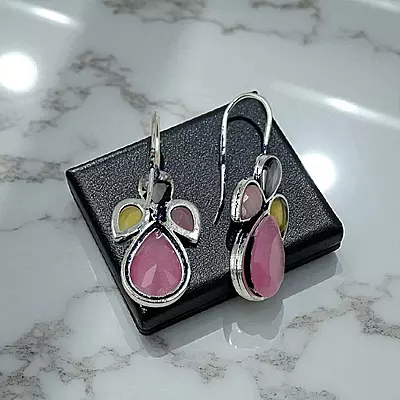 Pink Stone German Silver Dangle Drop Earrings