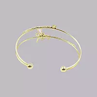Elegant Pink Dragonfly Gold-Plated Double Cuff Bracelet with Zircon Stones
