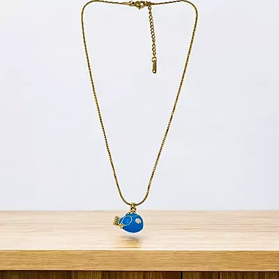 Anti-Tarnish Gold Snake Chain with Blue Enamel Puffer Fish Pendant