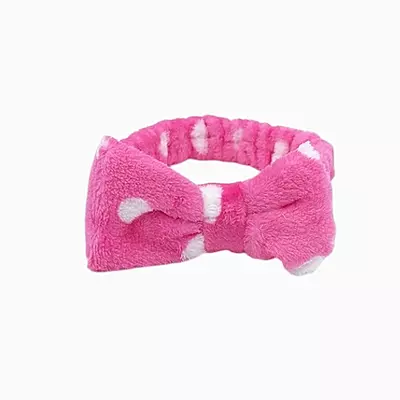 Pink Plush Polka Dot Spa Headband | Soft Makeup & Skincare Band