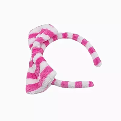 Bold Pink Striped Plush Bow Headband - Soft Spa Hair Band