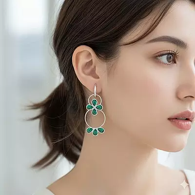 Emerald Green Floral Hoop Earrings - Silver-Toned Statement Dangle Earrings