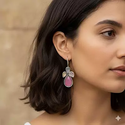 Pink Stone German Silver Dangle Drop Earrings