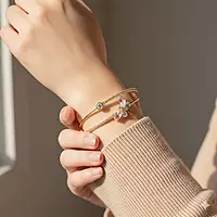Elegant Pink Dragonfly Gold-Plated Double Cuff Bracelet with Zircon Stones