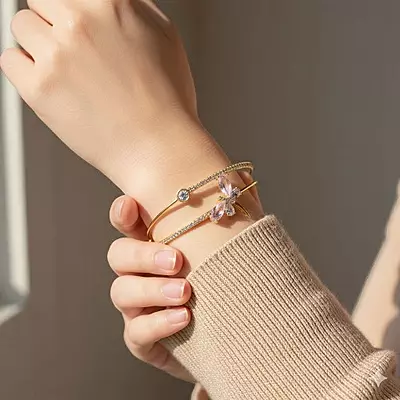 Elegant Pink Dragonfly Gold-Plated Double Cuff Bracelet with Zircon Stones