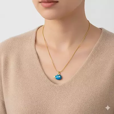 Anti-Tarnish Gold Snake Chain with Blue Enamel Puffer Fish Pendant