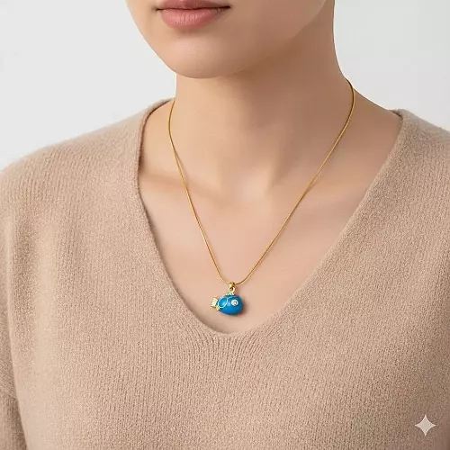 Anti-Tarnish Gold Snake Chain with Blue Enamel Puffer Fish Pendant
