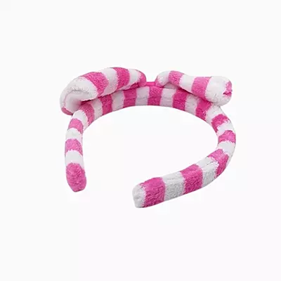 Bold Pink Striped Plush Bow Headband - Soft Spa Hair Band