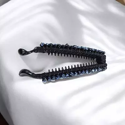 Elegant Black Beaded Flexible Banana Hair Clip - Stylish Ponytail Holder