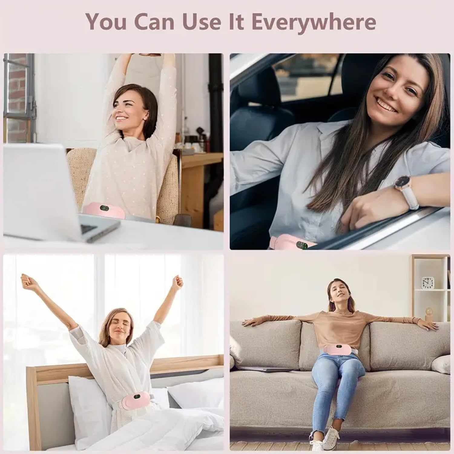 Heating Pad Belt for Menstrual Cramps, Period Pain Relief with Vibration Massage, 3 Heat Settings, Pink