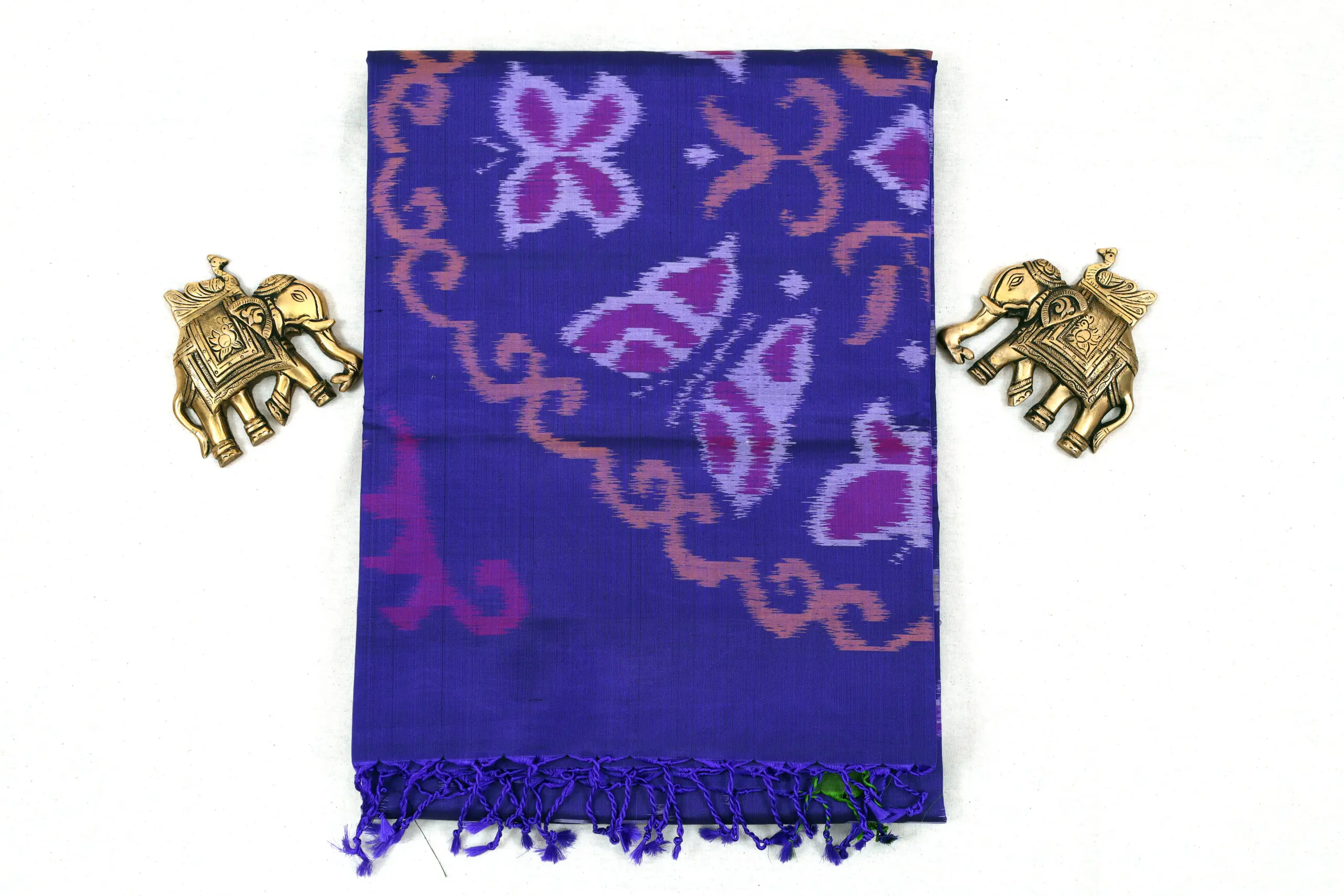 Blue ikat silk saree with central floral mandala motif