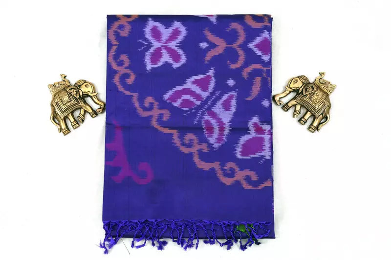 Purple Silk Saree with Multicolor Ikat Border and ikat blouse | Handwoven Ikat Silk Saree