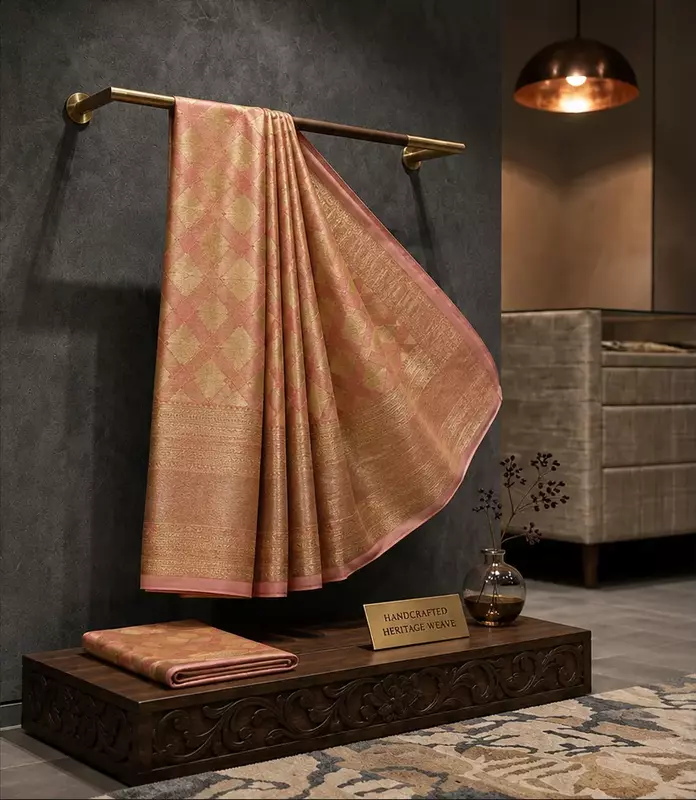 Peach orange Kanjivaram silk saree with zari border
