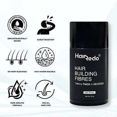 Hairedo Pure Keratin Hair Fibers 4.5g Trial Pack (Dark Brown) | Instant Hair Thickening | No Root Blockage | 100% Water Soluble & Sweat Resistant