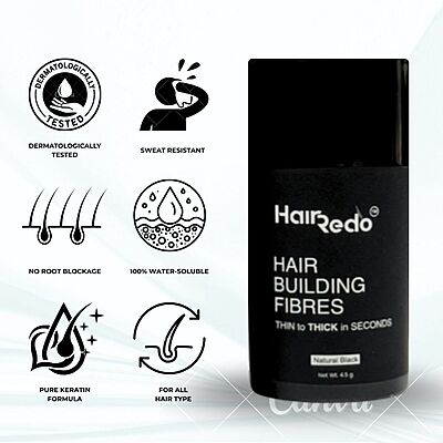 Hairedo Pure Keratin Hair Fibers 4.5g Trial Pack (Natural Black) | Instant Hair Thickening | No Root Blockage | 100% Water Soluble & Sweat Resistant