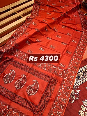 Red hand Block Print Pure Katan Silk