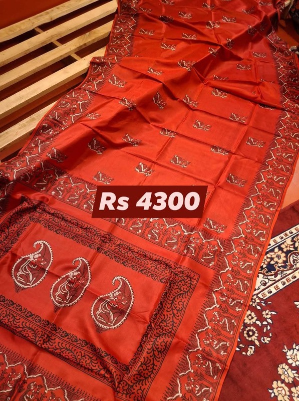 Red hand Block Print Pure Katan Silk