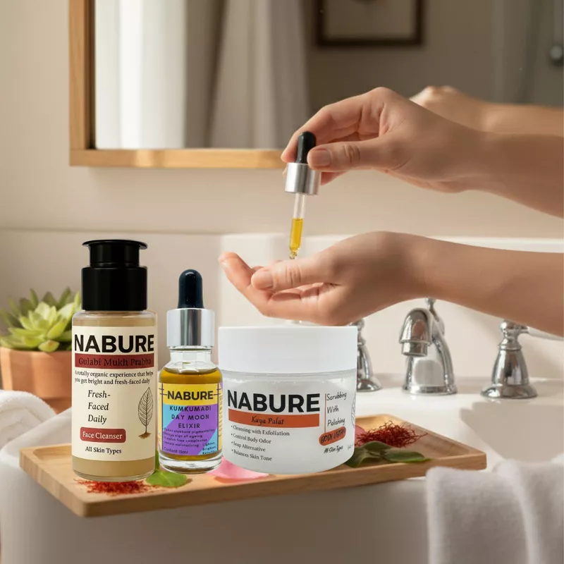 NABURE Natural Glow Combo – Face Cleanser, Body Ubtan & Kumkumadi Elixir