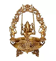 Brass Lord Ganesha on Swing Urli - 20.9 inch Height | Divine Decor Centerpiece