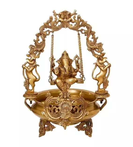Brass Lord Ganesha on Swing Urli - 20.9 inch Height | Divine Decor Centerpiece