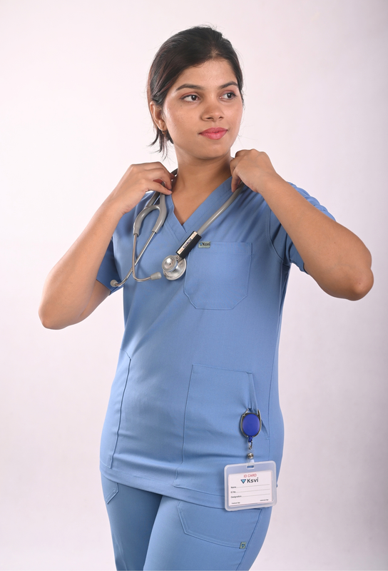 Ksvi Antibacterial Female V-Neck (Ceil Blue) Scrub Shirt Pant