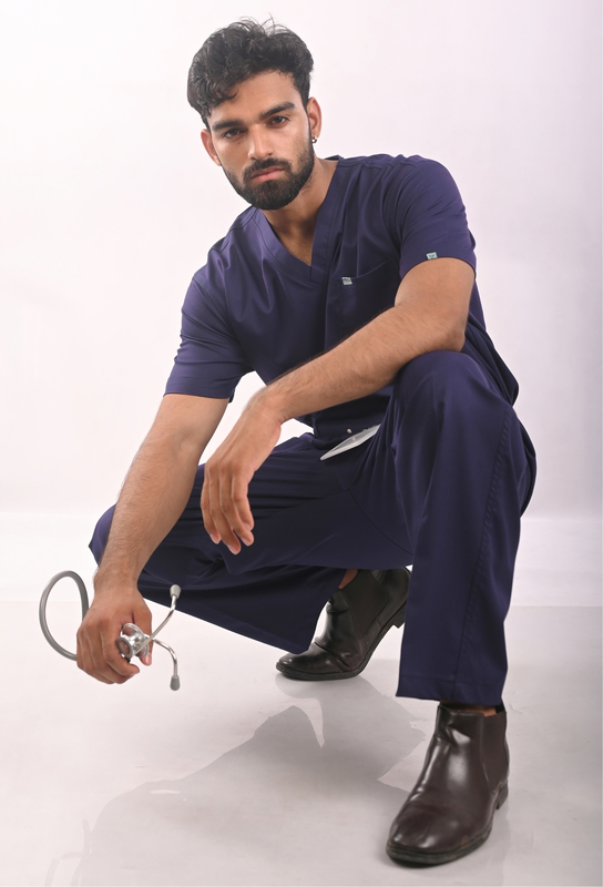 Ksvi Antibacterial Male V-Neck 2 Way Strech Scrub Shirt Pant (Navy)