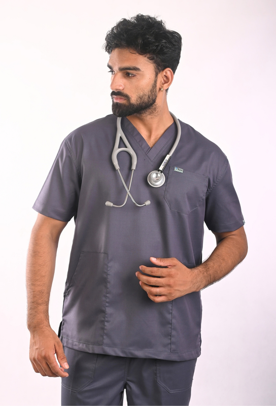 Ksvi Antibacterial Male V-Neck 2 Way Strech Scrub Shirt Pant (Grey)