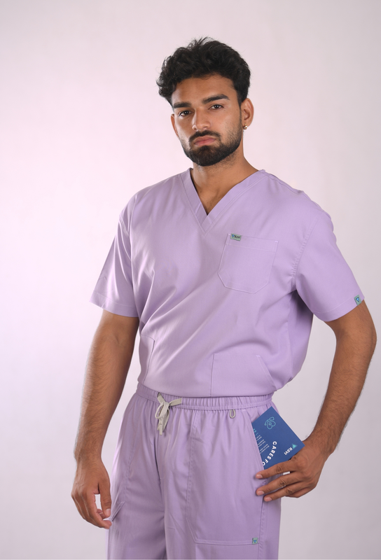 Ksvi Antibacterial Male V-Neck 2 Way Strech Scrub Shirt Pant (Pastel Licac)