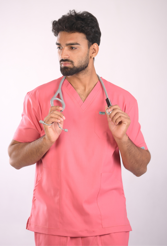 Ksvi Antibacterial Male V-Neck 2 Way Strech Scrub Shirt Pant (Mauve)