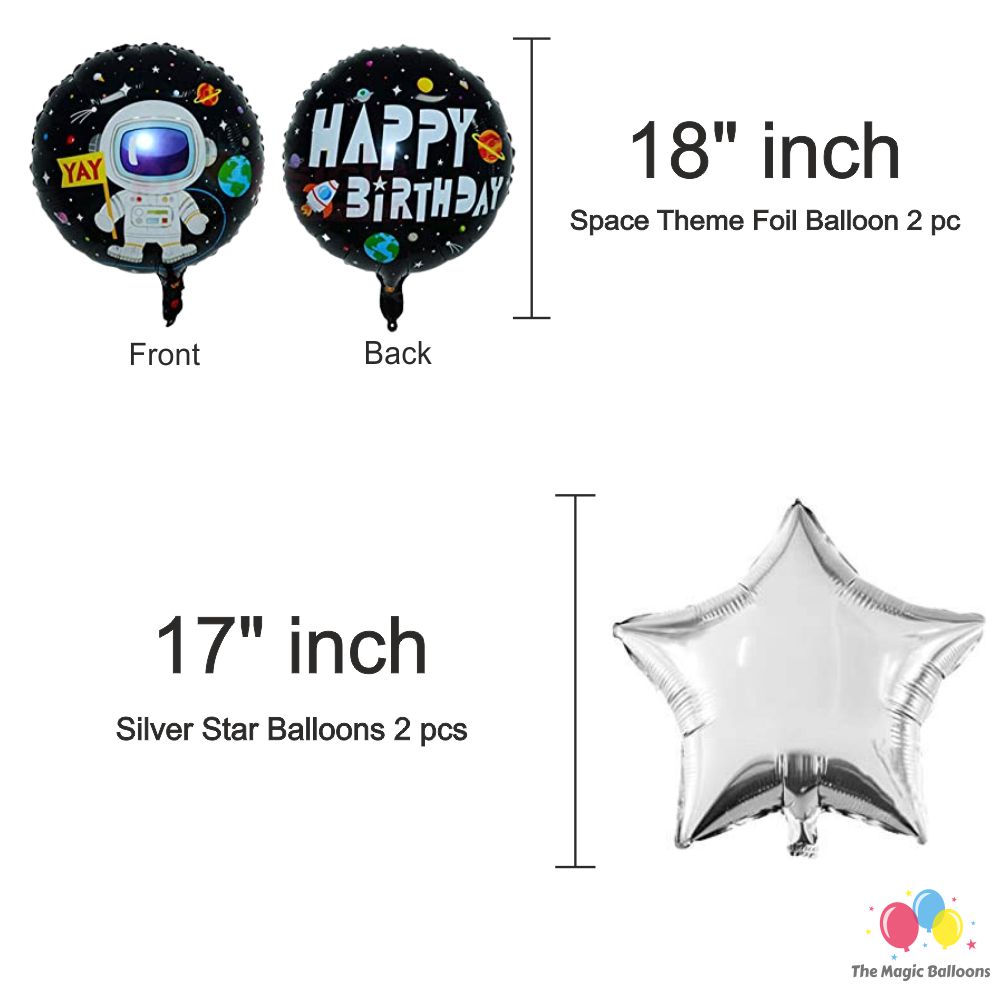 The Magic Balloons Store – Astronaut Space Theme Birthday Party Decoration combo kits – Birthday Combo Pack of 38 Pcs, foil 5 pcs Set,1 Happy Birthday banner, 2 Foil Curtains, 30 Balloons-181553