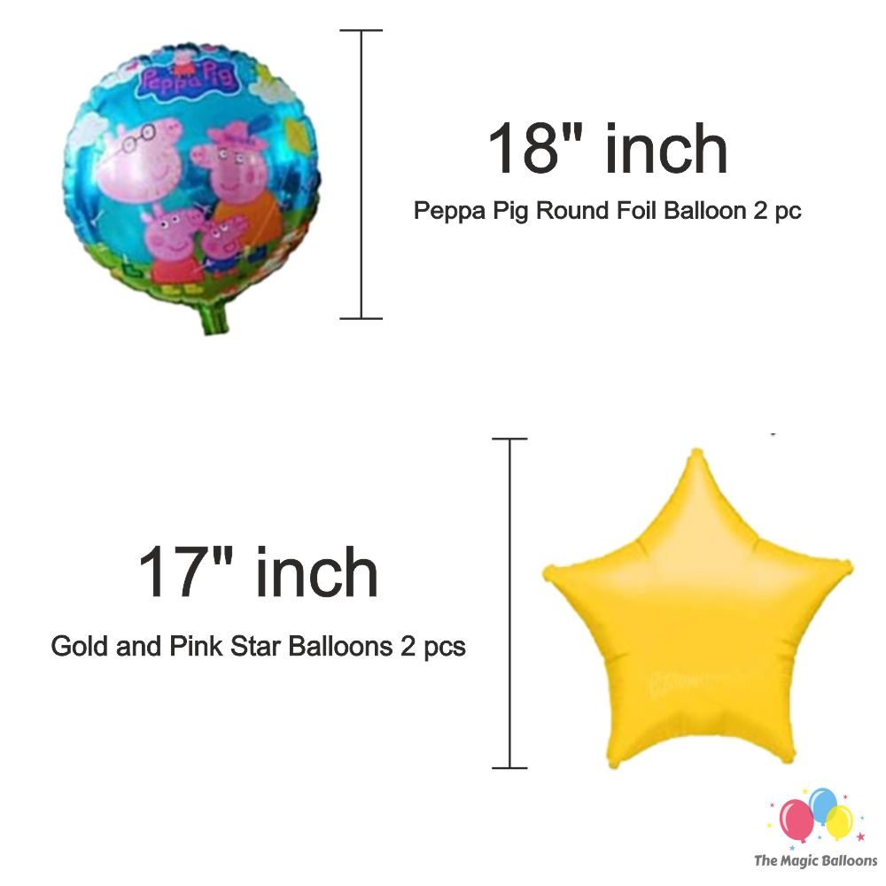 The Magic Balloons- Peppa Pig Birthday Party Decoration combo kit Peppa Pig Foil Balloons Set of 5 pcs,1 Happy Birthday banner, 2 Silver Foil Curtains, 30 Peppa theme color Balloons Pack of 38 pcs