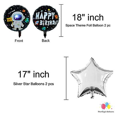 The Magic Balloons Store – Printed Space Theme Birthday Party Decoration Combo Kits – Combo Pack Of 38 Pcs, Foil 5 pcs Set,1 Happy Birthday Banner, 2 Foil Curtains, 30 Balloons-181595