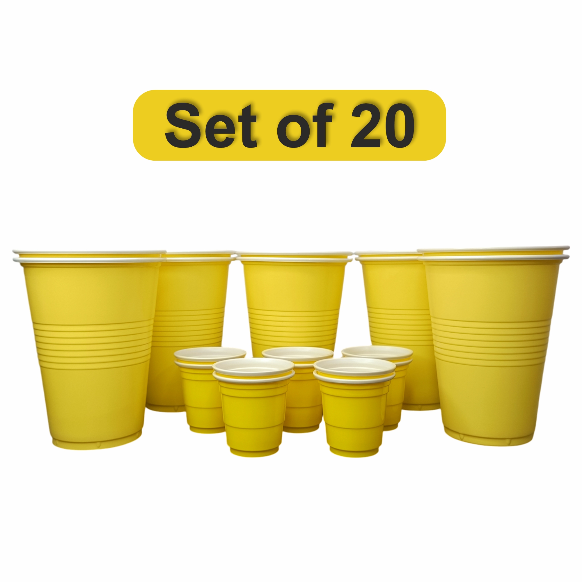 Set of 20 Combo Pack | 10 Yellow Pong Glasses 450ml & 10 Yellow Shot Glasses 60ml | Reusable Party Drinking Cups for Beer Pong, Shots, Events & Celebrations – Party Drinking Cups