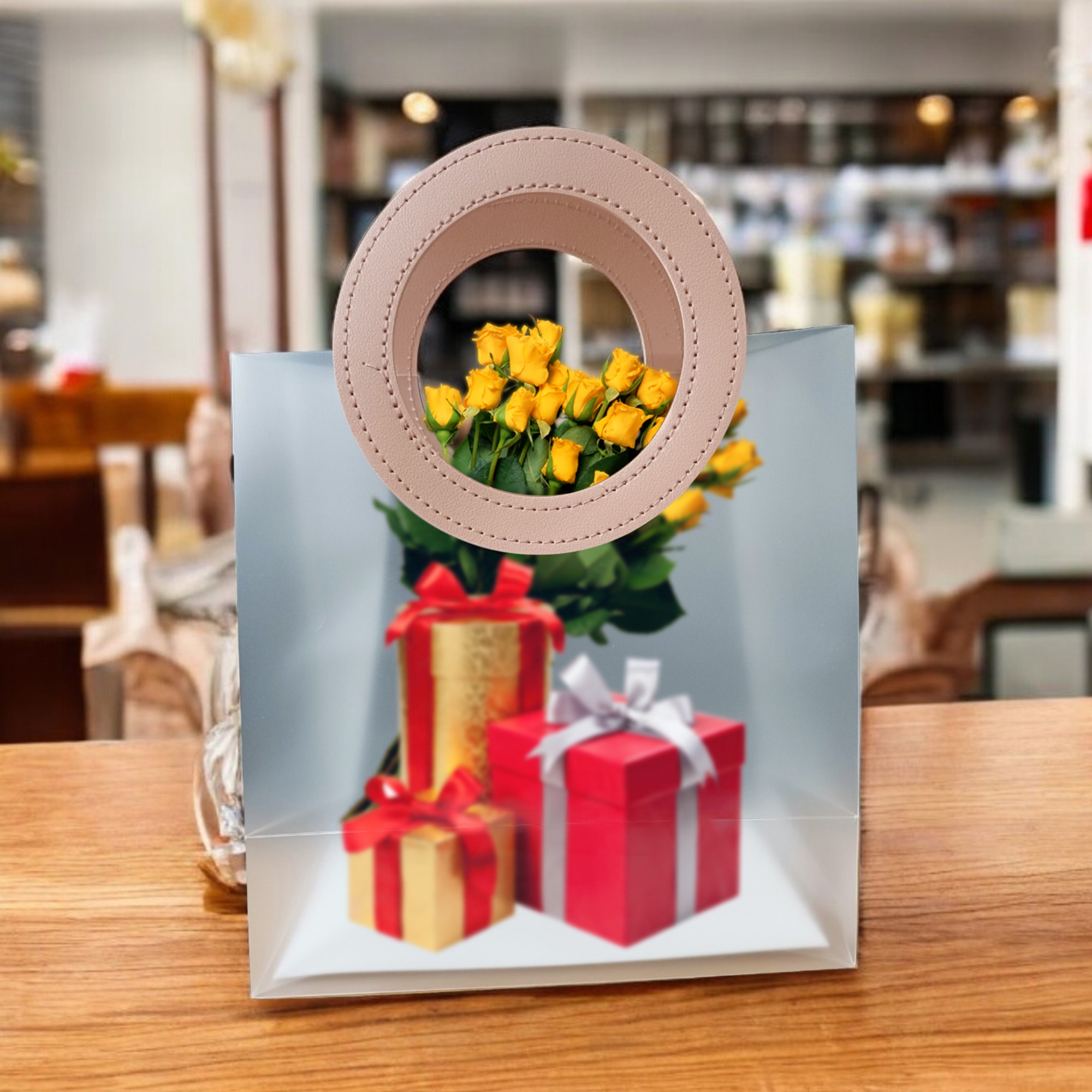 6pcs Transparent Gift Bags with Pink Handles | Light Weight Clear Gift Wrap Bags for Bridal Party, Baby Shower, Wedding Return Gifts, Birthday Party, Valentine, Bachelorette, Shopping Bags