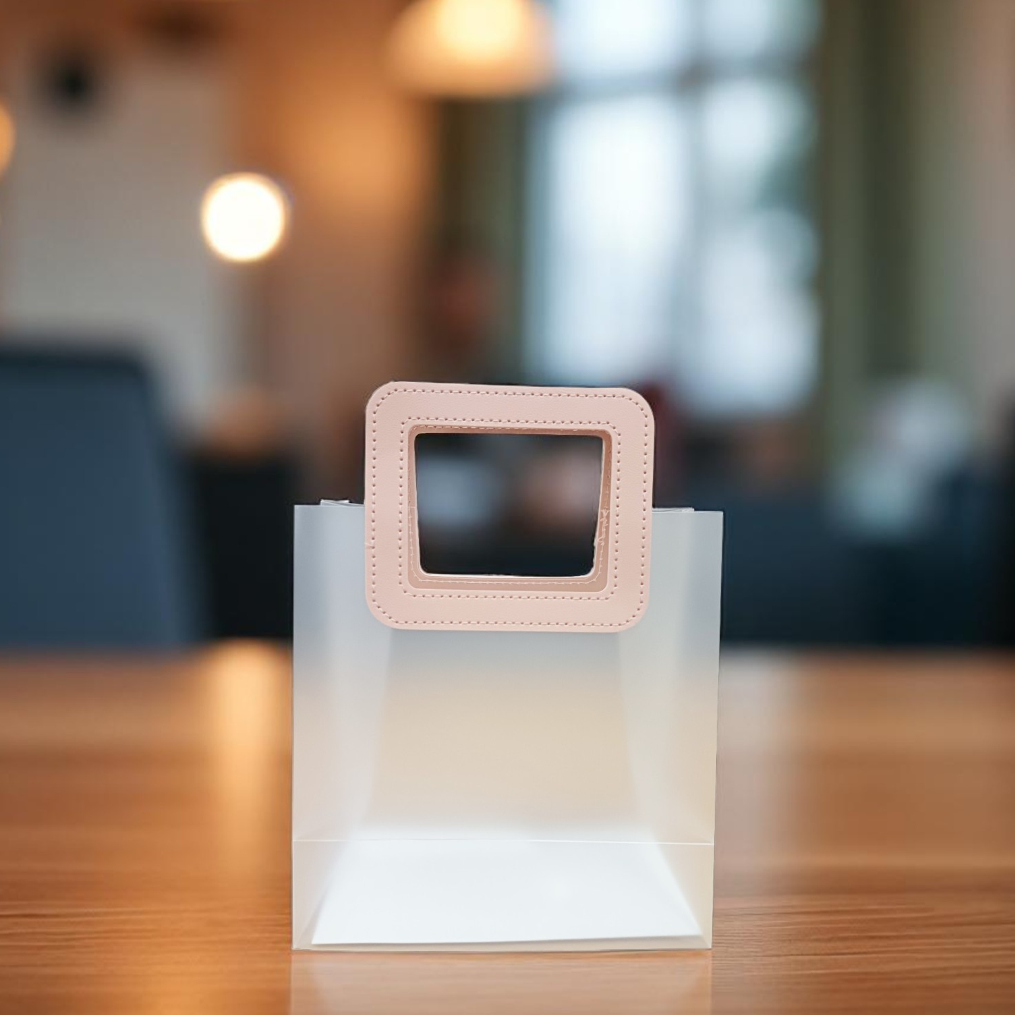 6 Pcs Small Transparent Gift Bags with Square Pink Handle Reusable | Party, Wedding, Return Gift, Hamper Packaging