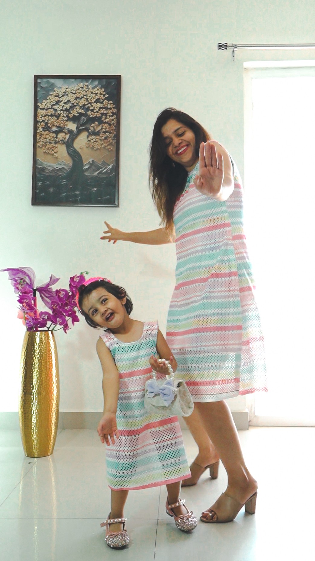 Pastel Harmony Mother-Daughter Dress Set with Soft Striped Elegance