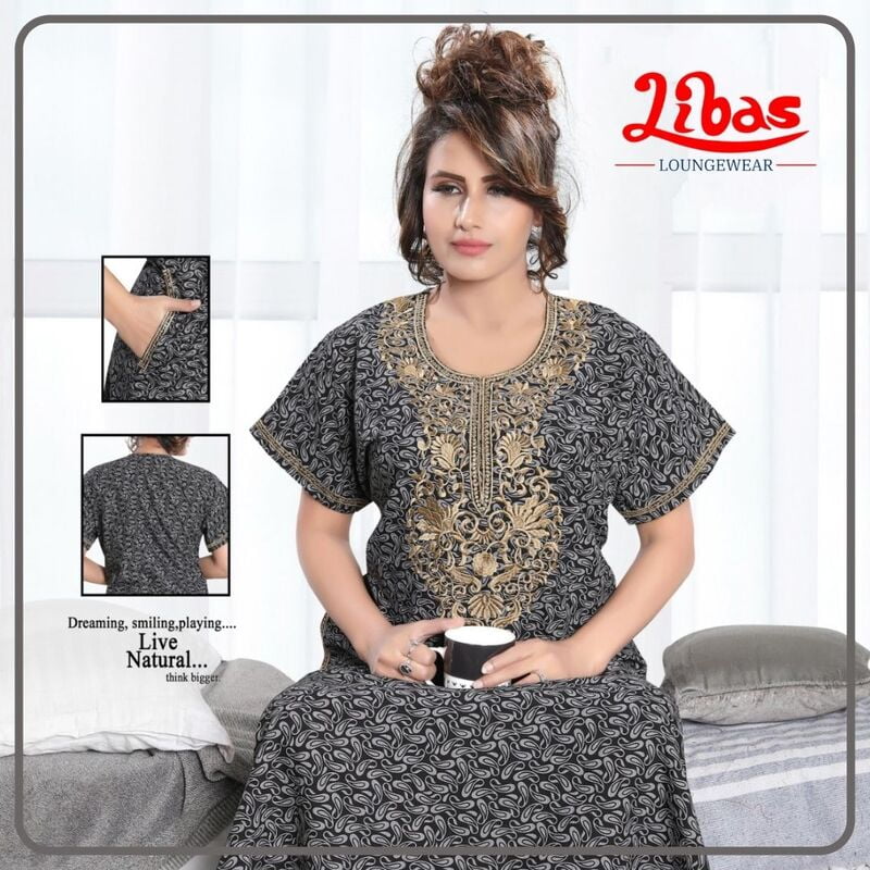 Grey & Black Soft Cotton Embroidery Nighty With Self Print All Over From Libas Loungewear - EN078 Grey & Black Soft Cotton Embroidery Nighty With Self Print All Over From Libas Loungewear - EN078