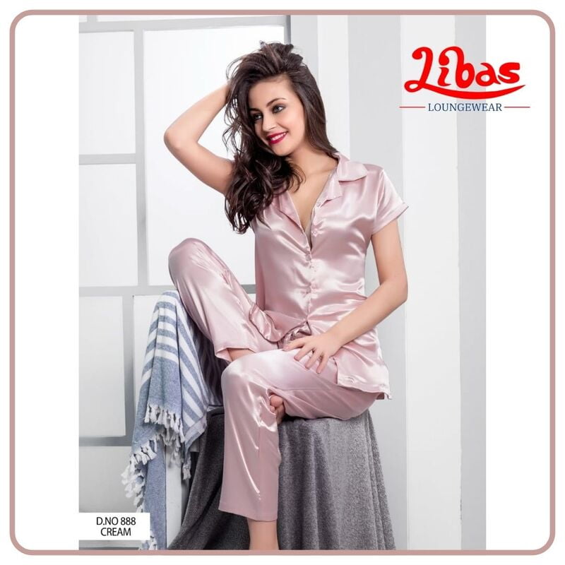 Plain Creamy Peach Armani Satin Women Night Suit With Button Closure From Libas Loungewear - FPS098 Plain Creamy Peach Armani Satin Women Night Suit With Button Closure From Libas Loungewear - FPS098