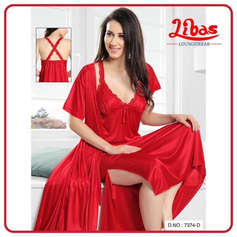 Plain Chilli Red Satin Two Piece Fancy Nighty From Libas Loungewear - FCN122