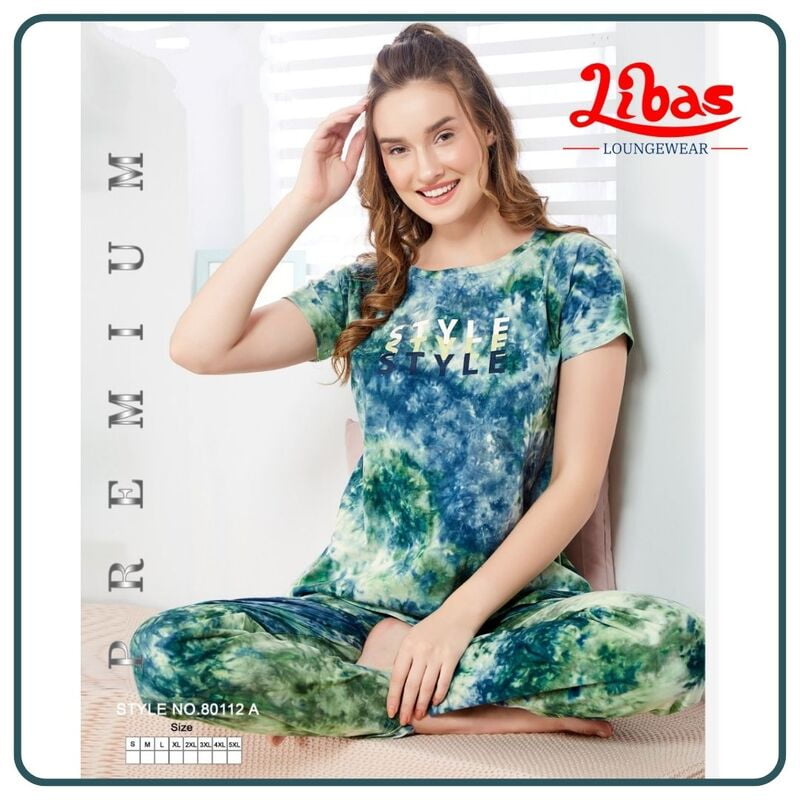 Air Blue Dye Printed Top & Bottom Hosiery Cotton Women Night Suit From Libas Loungewear - FPS109 Air Blue Dye Printed Top & Bottom Hosiery Cotton Women Night Suit From Libas Loungewear - FPS109