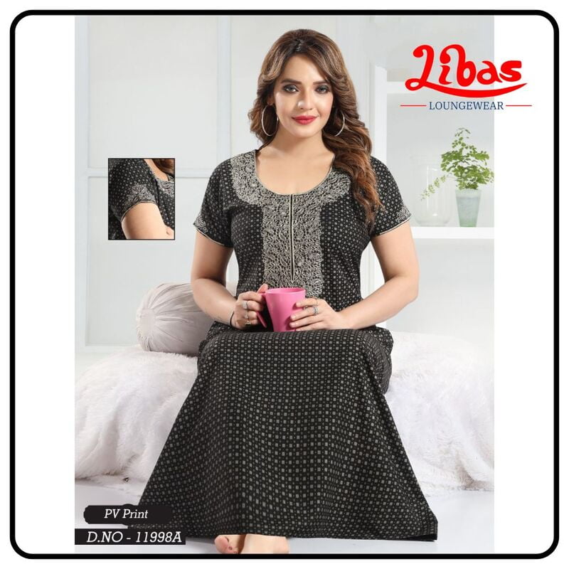 Beaver Black Bizi Lizi Printed Embroidery Nighty From Libas Loungewear - EN165 Beaver Black Bizi Lizi Printed Embroidery Nighty From Libas Loungewear - EN165