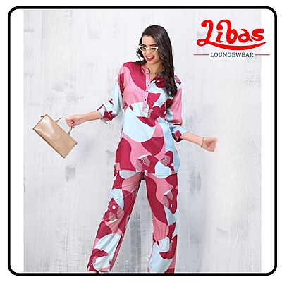 Water Blush Pinky Geometric Top Bottom Hosiery Cotton Women Night Suit From Libas Loungewear- FPS145