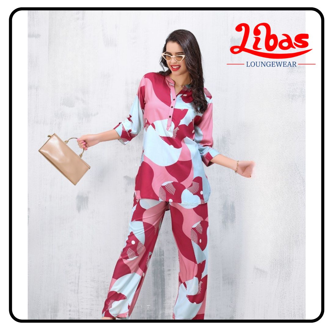 Water Blush Pinky Geometric Top Bottom Hosiery Cotton Women Night Suit From Libas Loungewear- FPS145 Water Blush Pinky Geometric Top Bottom Hosiery Cotton Women Night Suit From Libas Loungewear- FPS145