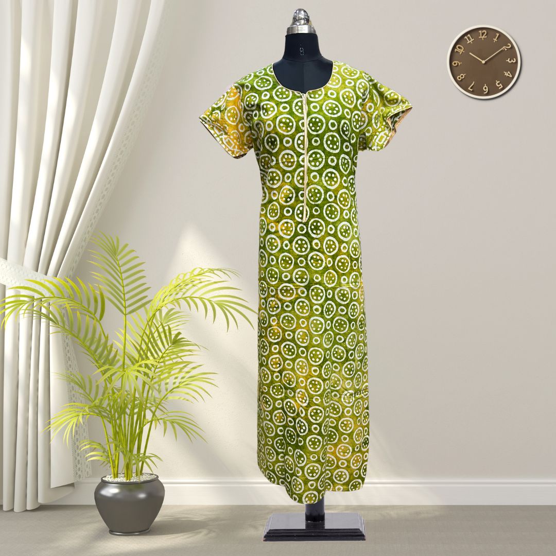 Green Circles Batik Cotton Nighty With All Over From Libas Loungewear - AL1084