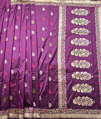 Deep Aubergine Kadwa Banarasi Saree in Pure Katan Silk with Zari, Meenakari & Kadwa Buta Border