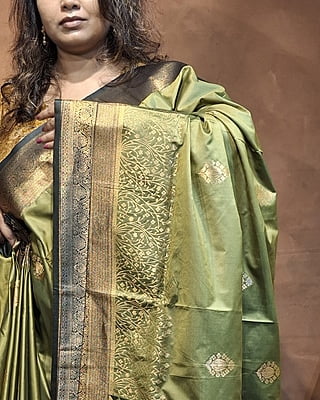 Olive Green Semi Silk Banarasi Saree with Dark Green Border & Gold Zari Buta
