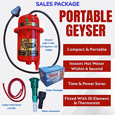 Yalli Sun Instant Water Heater 3KW Copper Coil - Portable Electric Geyser for Bathroom & Kitchen