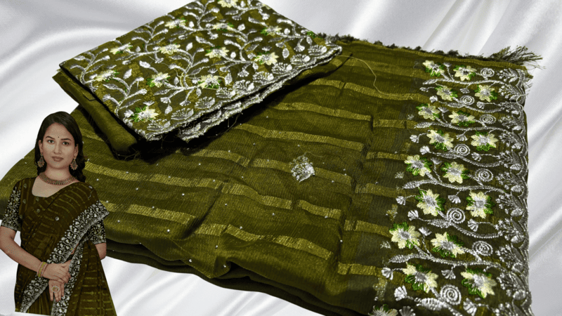 Chennai Exp Popcorn Silver Designer Saree - Moss Green